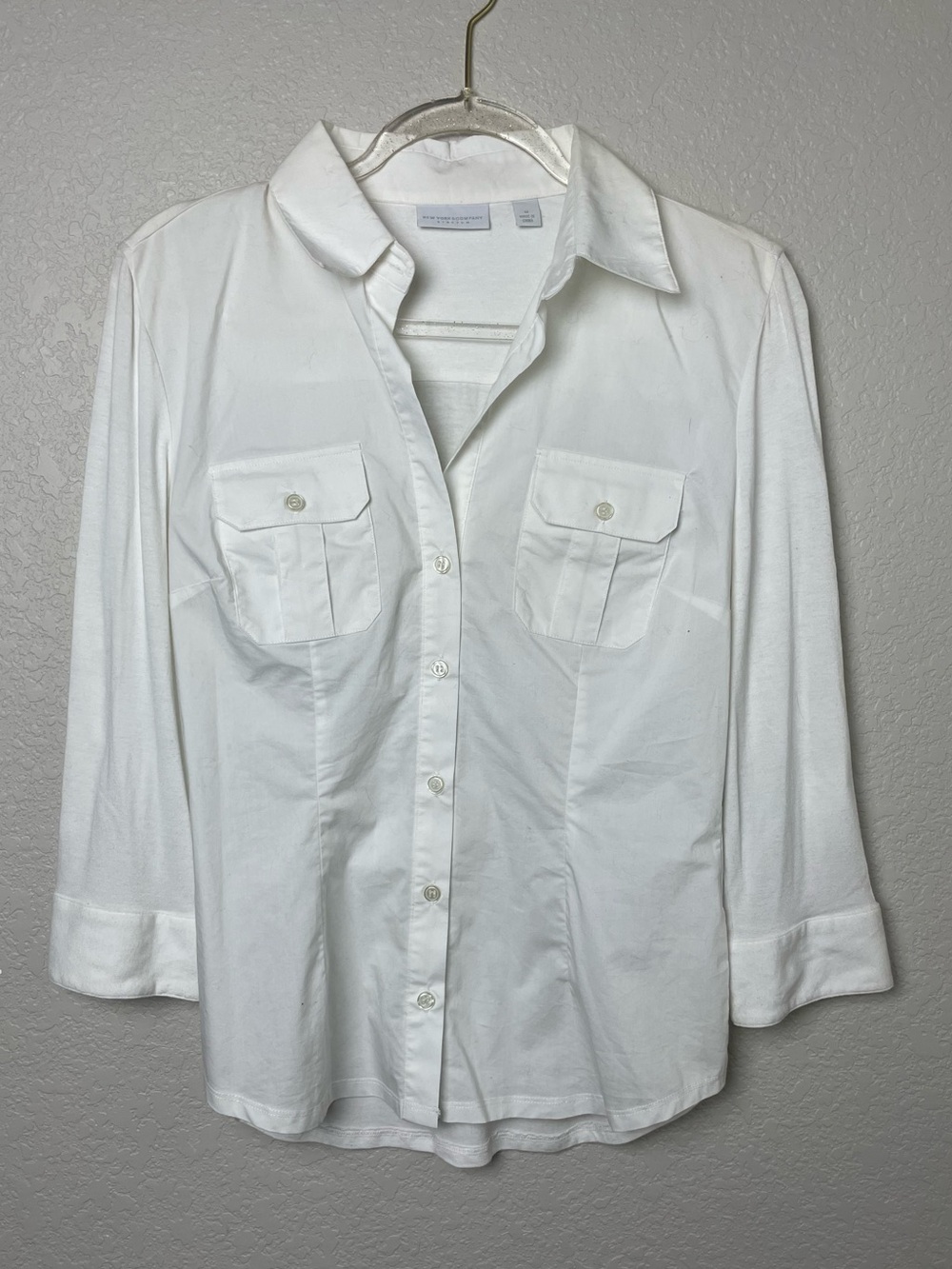New York & Company White Button-Front Shirt Business Front/Party Back Size M